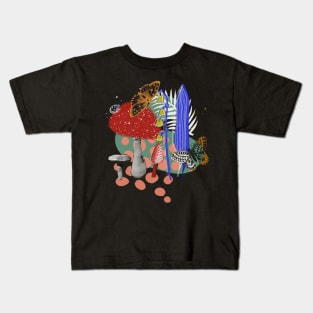 Cottagecore Mushroom Butterfly Retro Trippy Collage Ladybug Red Blue Modern Kids T-Shirt